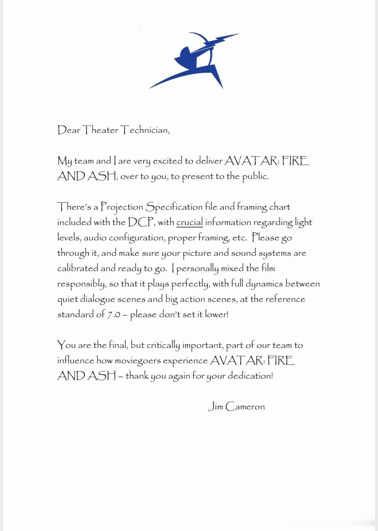 詹姆斯·卡梅隆发给电影院技术人员的信，希望他们能确保影厅的亮度水平、音频配置、画