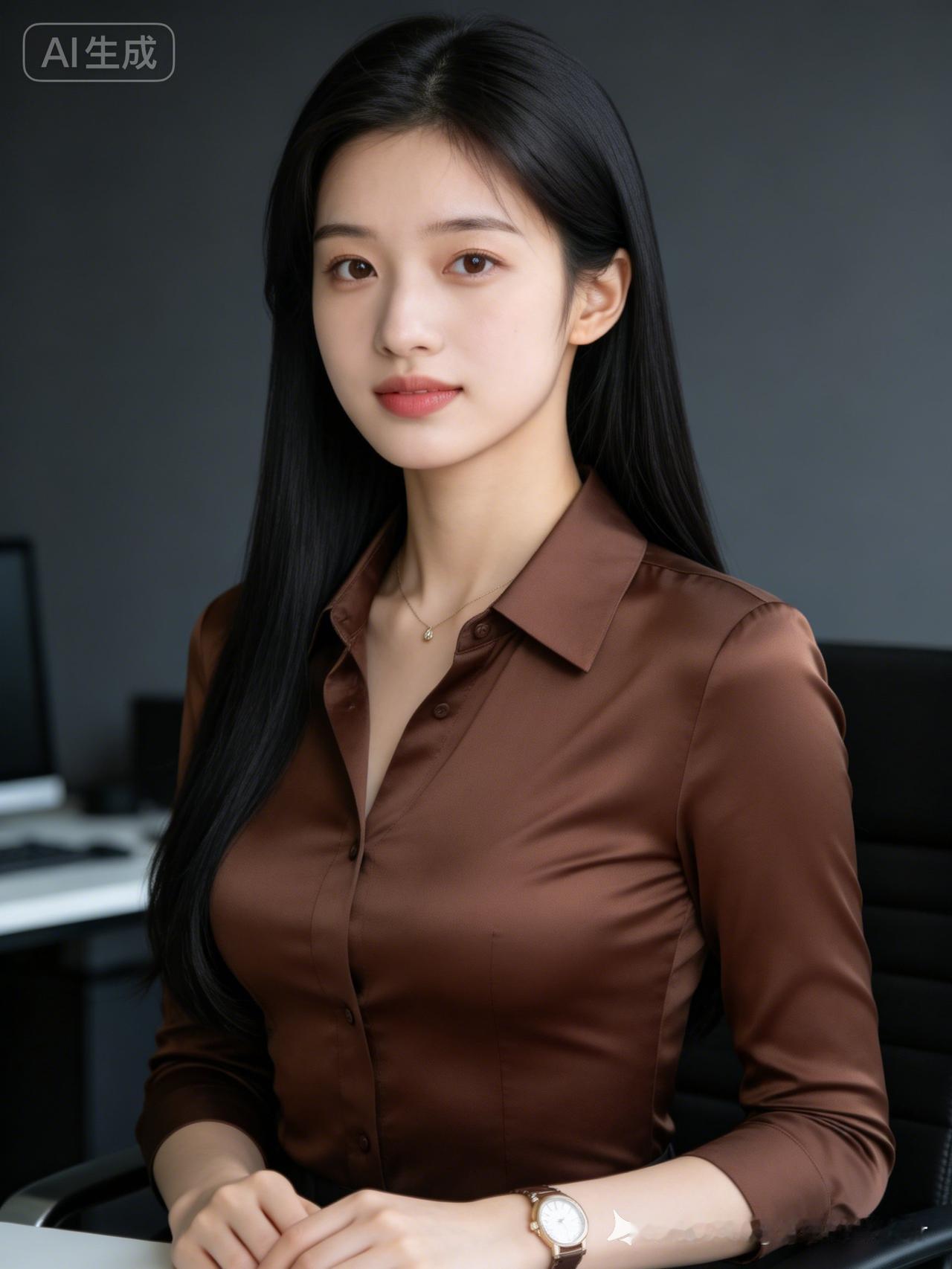 这位小姐姐穿着棕色衬衫，看着镜头微笑。
