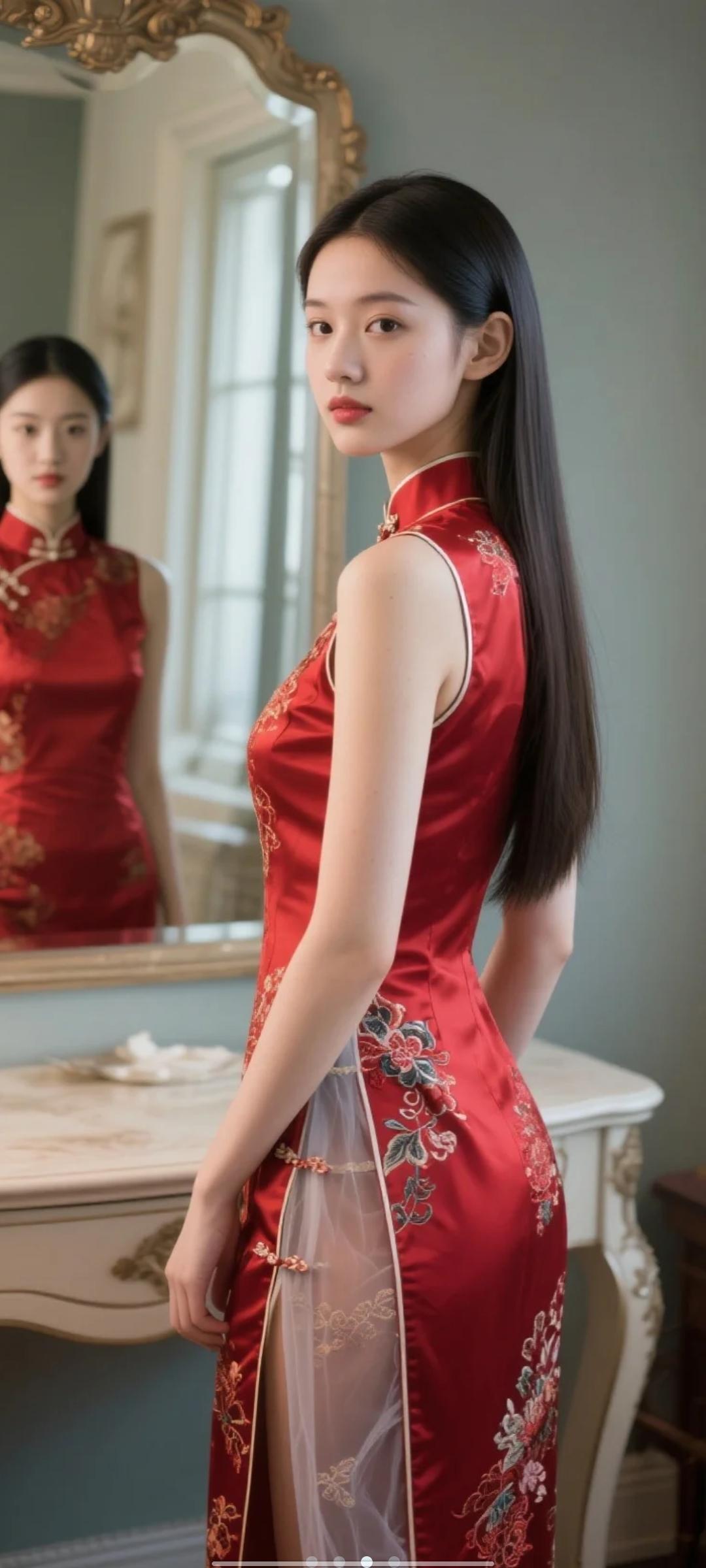 中式红色长款旗袍，宝子们感觉喜庆吗？