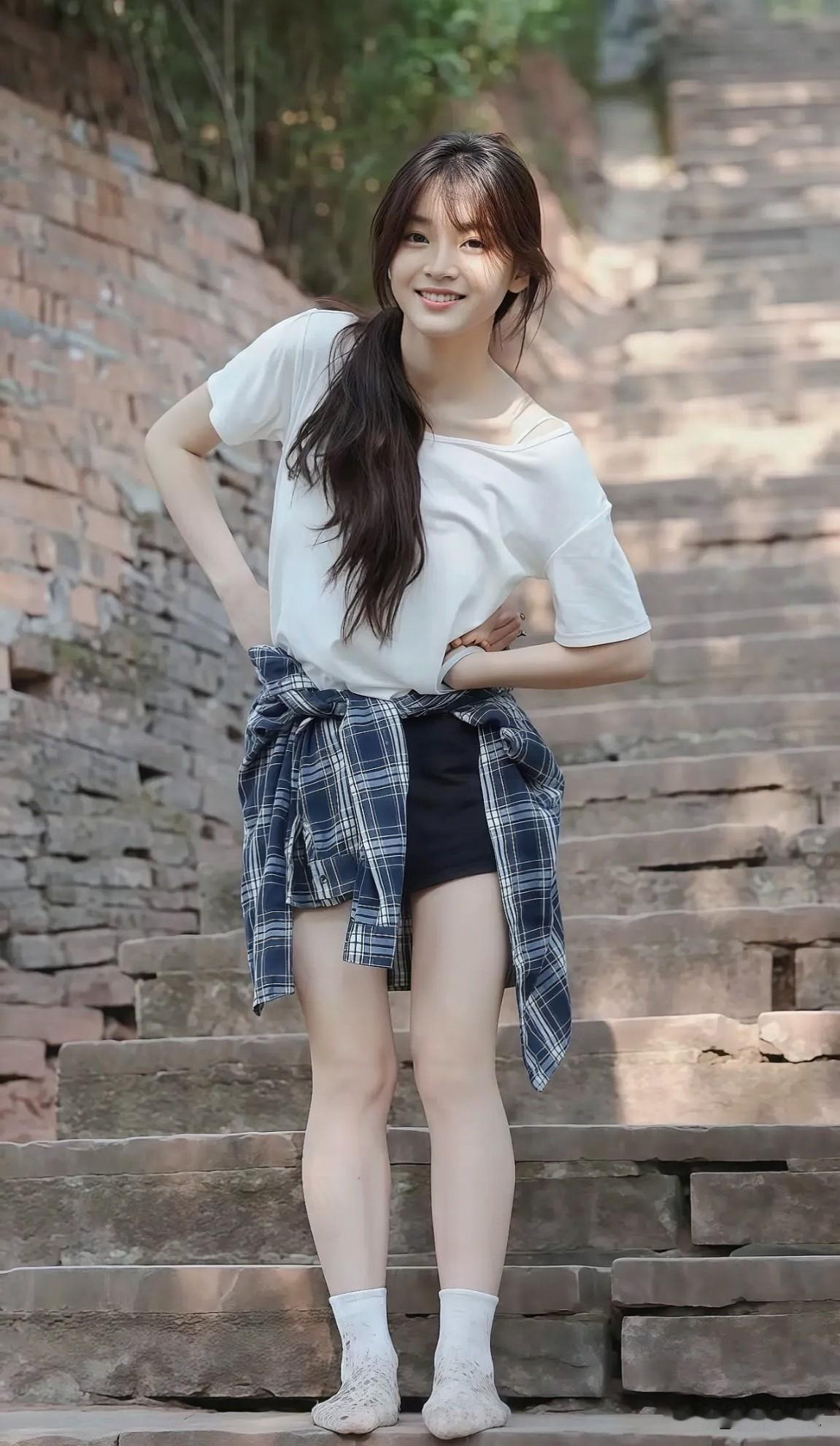 古风石阶叠翠影，元气少女笑靥明✨眉眼弯弯撞进风里，满是甜津津的青春气。林间粉漾