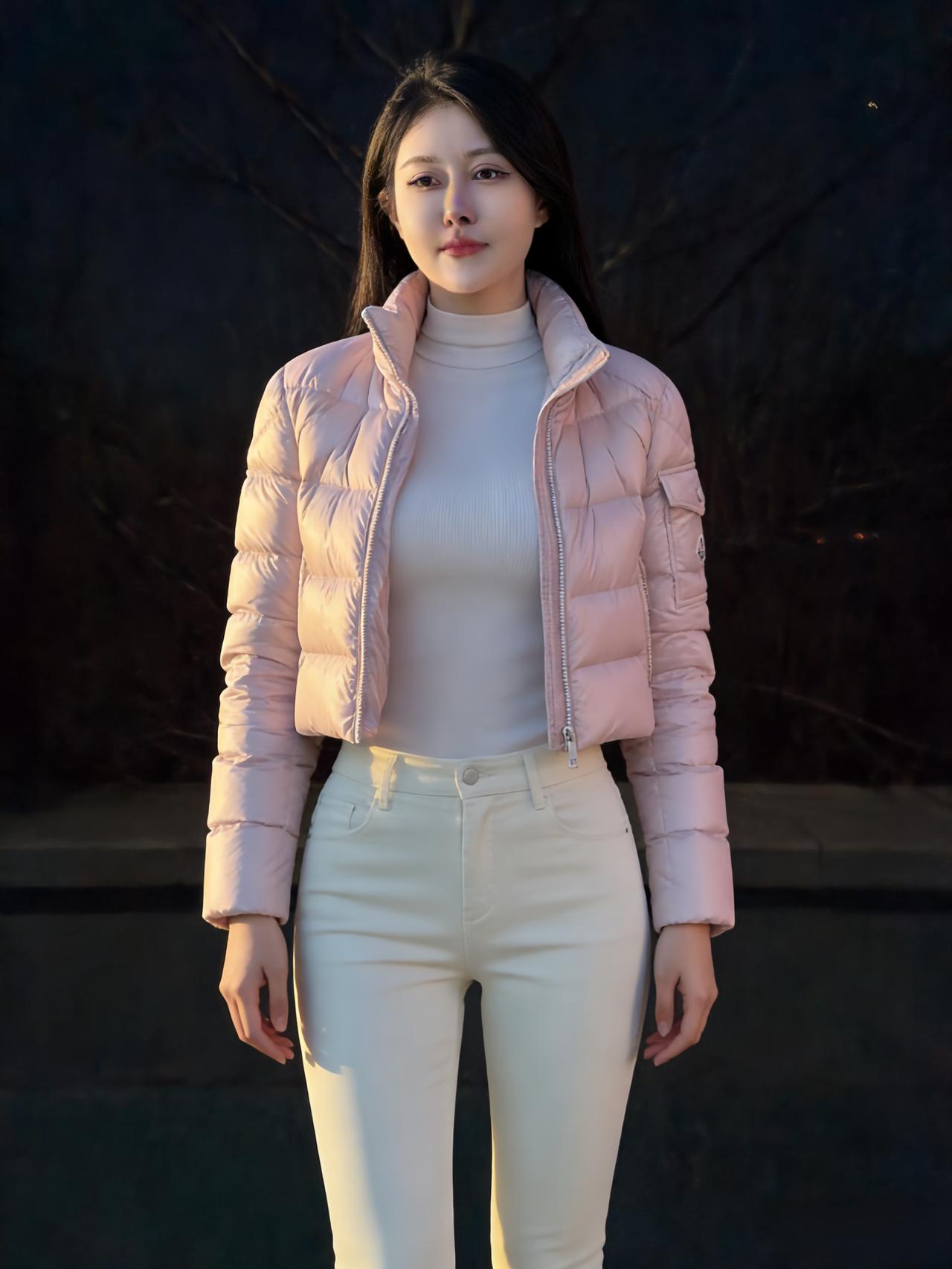 夜色像化不开的墨，慢慢洇过来她站在暗里，粉色的羽绒服是一盏没点燃，却亮着的灯