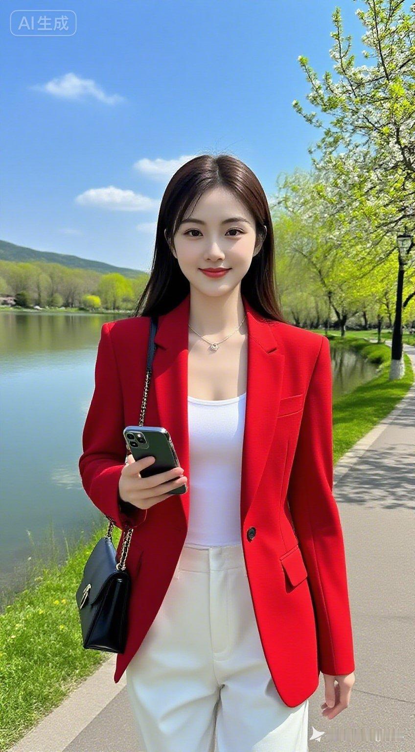 春日湖景，砖石步道配白护栏，柳丝玉兰青山白云。二十五岁气质美女，棕黑长发肤白貌美