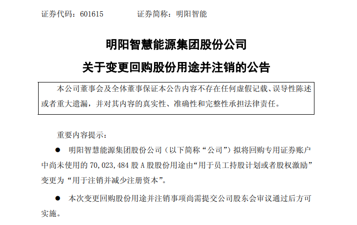 601615, 变更回购股份用途, 超7000万股将全部注销!