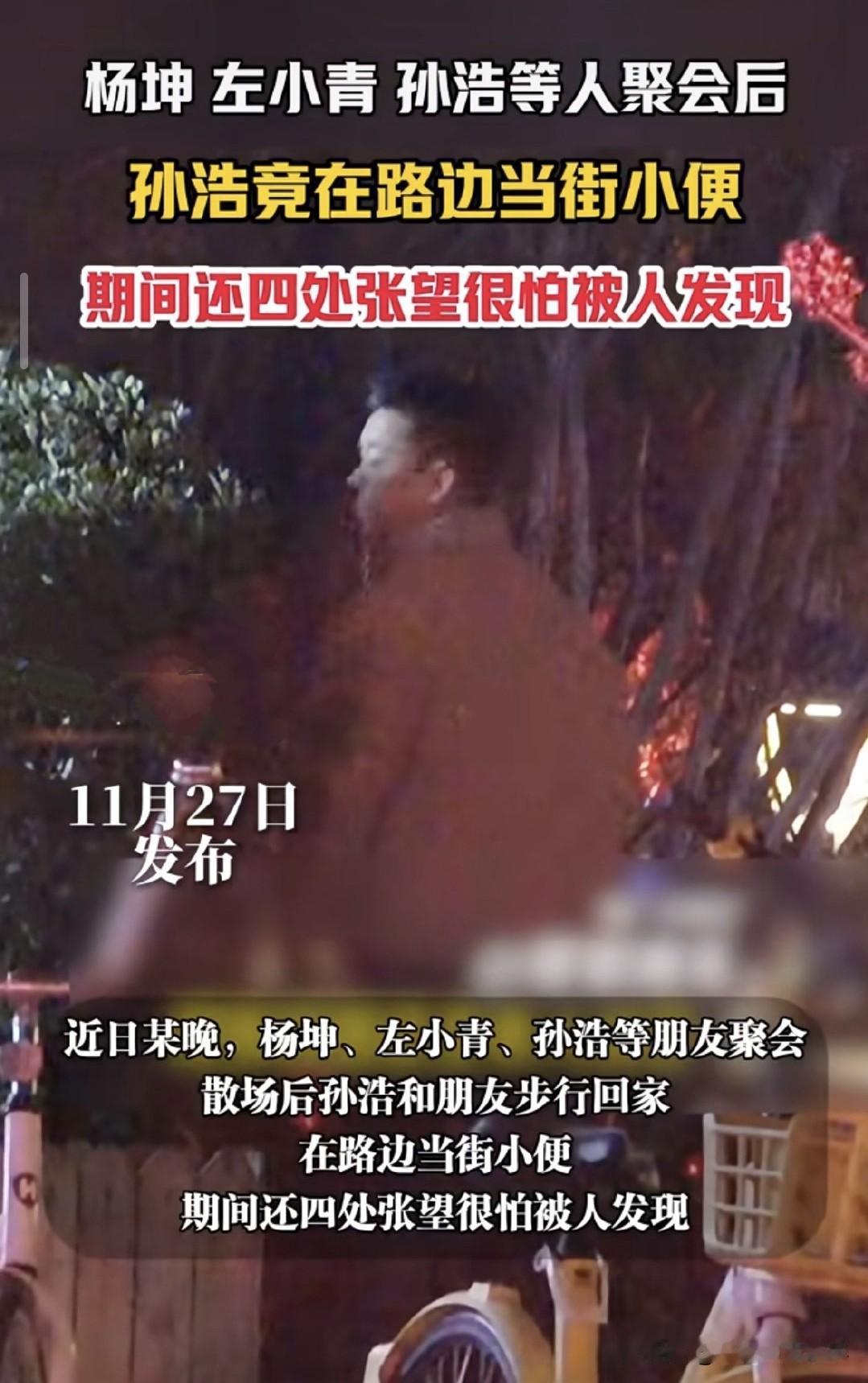 杨坤左小青孙浩聚餐，饭后，孙浩当街现不文明行为，他做了几乎所有男人在街边都做过的