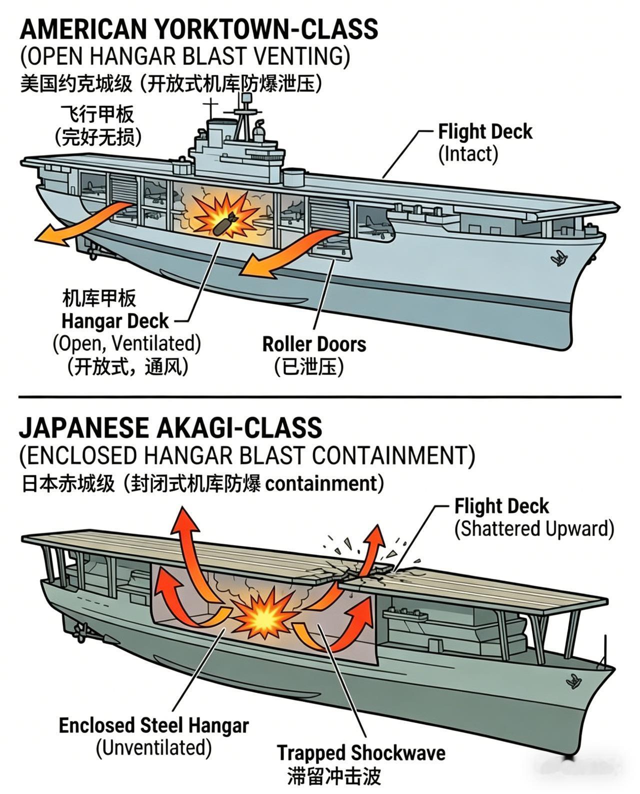 这张图直接揭开了太平洋战争中一个决定战局的致命设计缺陷：美军航母的开放式机库v