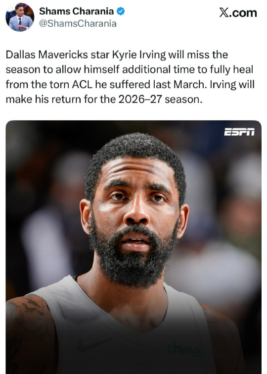 Shams：欧文赛季报销！！！达拉斯独行侠队球星凯里·欧文将缺席本赛季，以便给