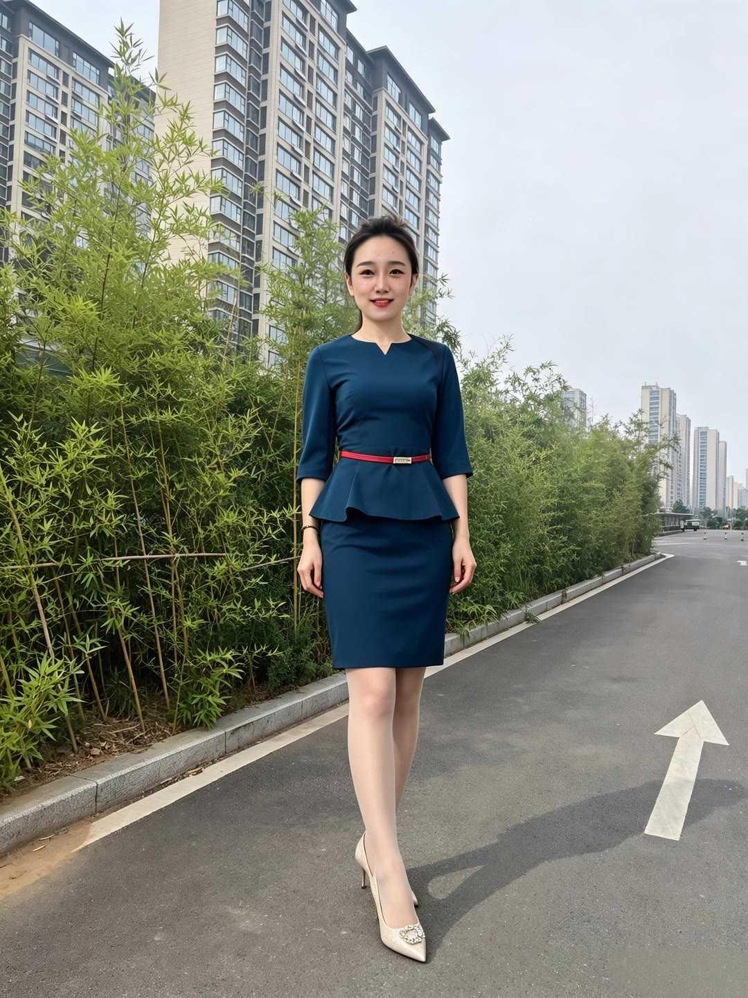 藏蓝职业套装，通勤女性的得体优雅。通勤穿搭不必繁杂，一身藏蓝荷叶边套裙自带专业