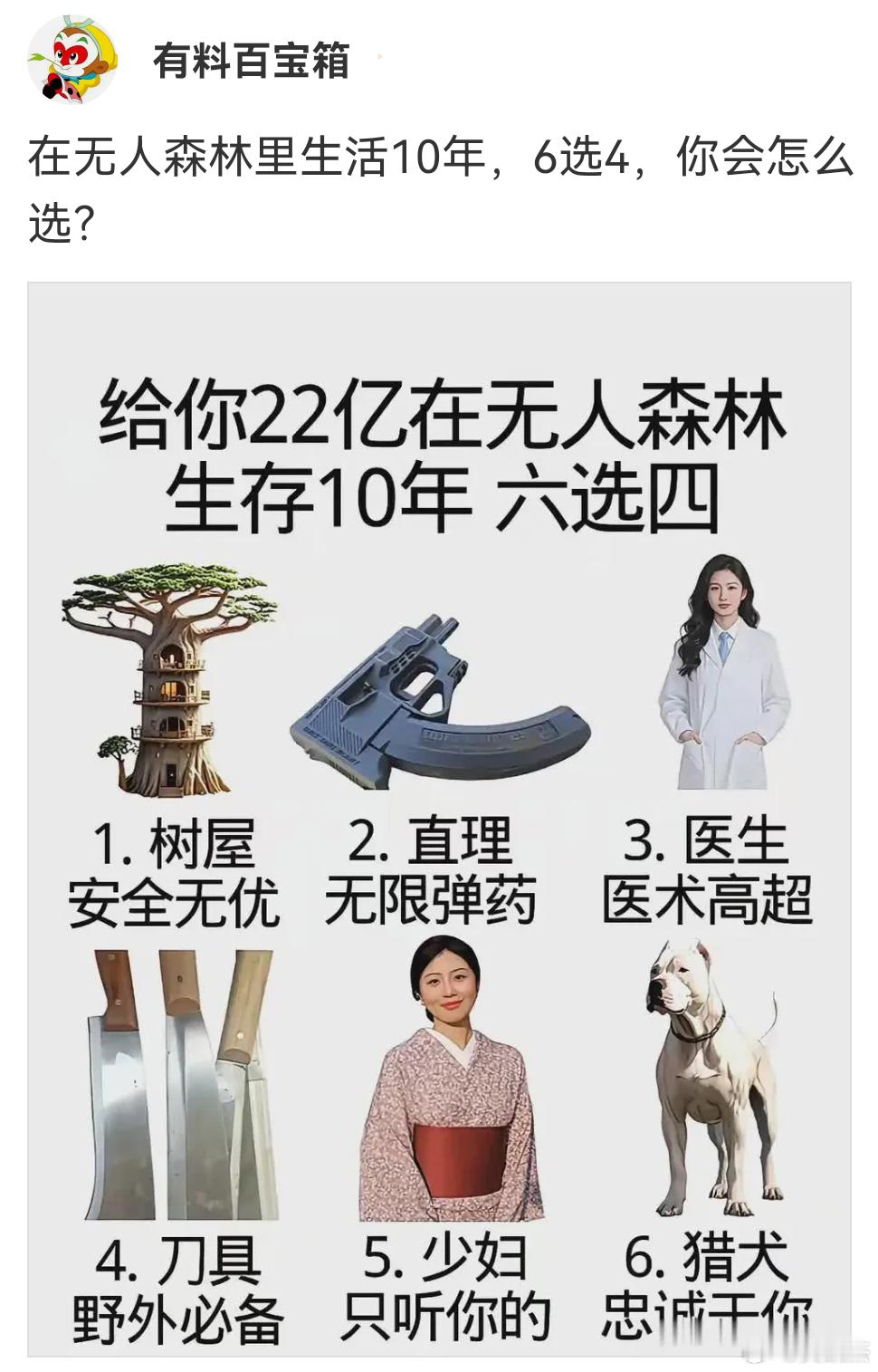 假如你要在无人森林里生活10年,以下6样东西中只能选4样带进去,你会怎么选?