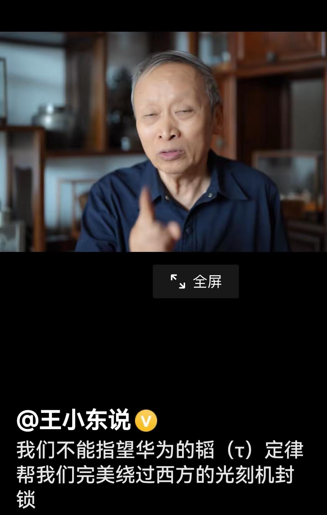 王小东说：“我们不能指望华为的韬（t）定律帮我们完美绕过西方的光刻机封锁。”当