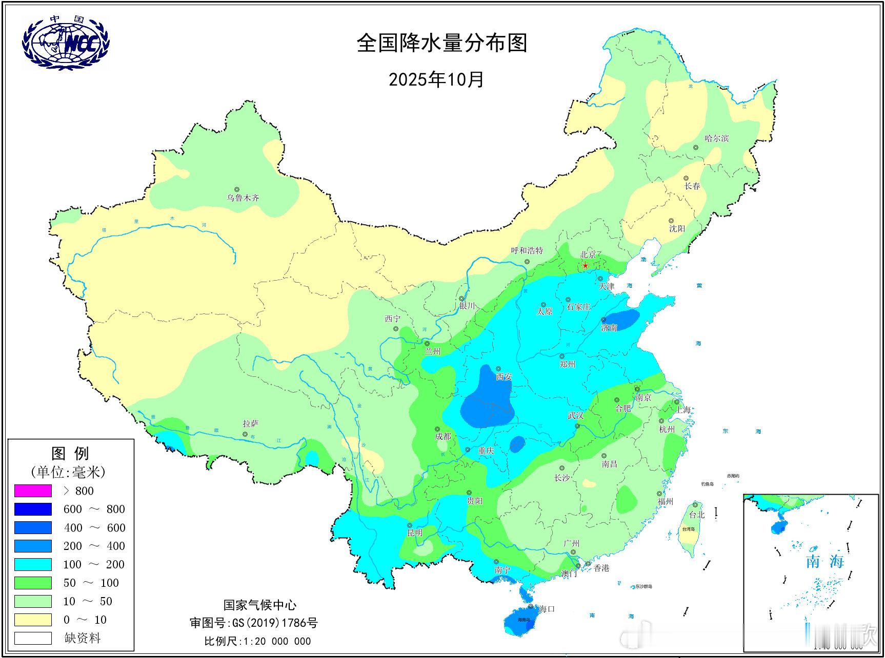 【降水回顾和展望】今年10月，我国平均降水量54.4毫米，为有完整观测以来，降水