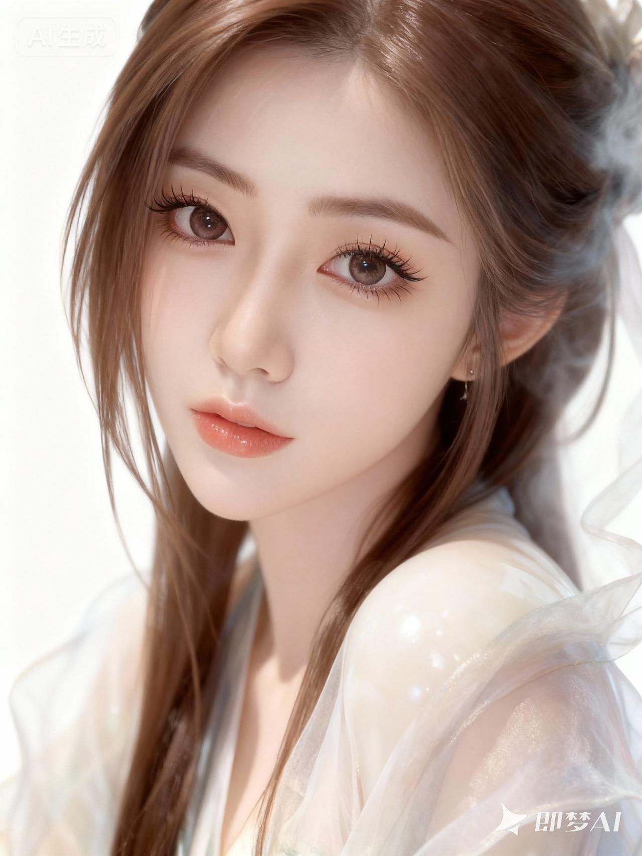 浪漫古风，绝美容貌，棕色长发，深邃丹凤眼，长睫毛，饱满光泽嘴唇，楚楚动人的神态，
