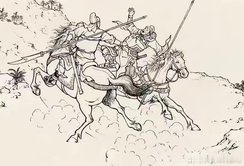三国关公单臂擒敌将。此图中关二爷与对手单挑，二马错蹬之时，只见他刀交左手，右手