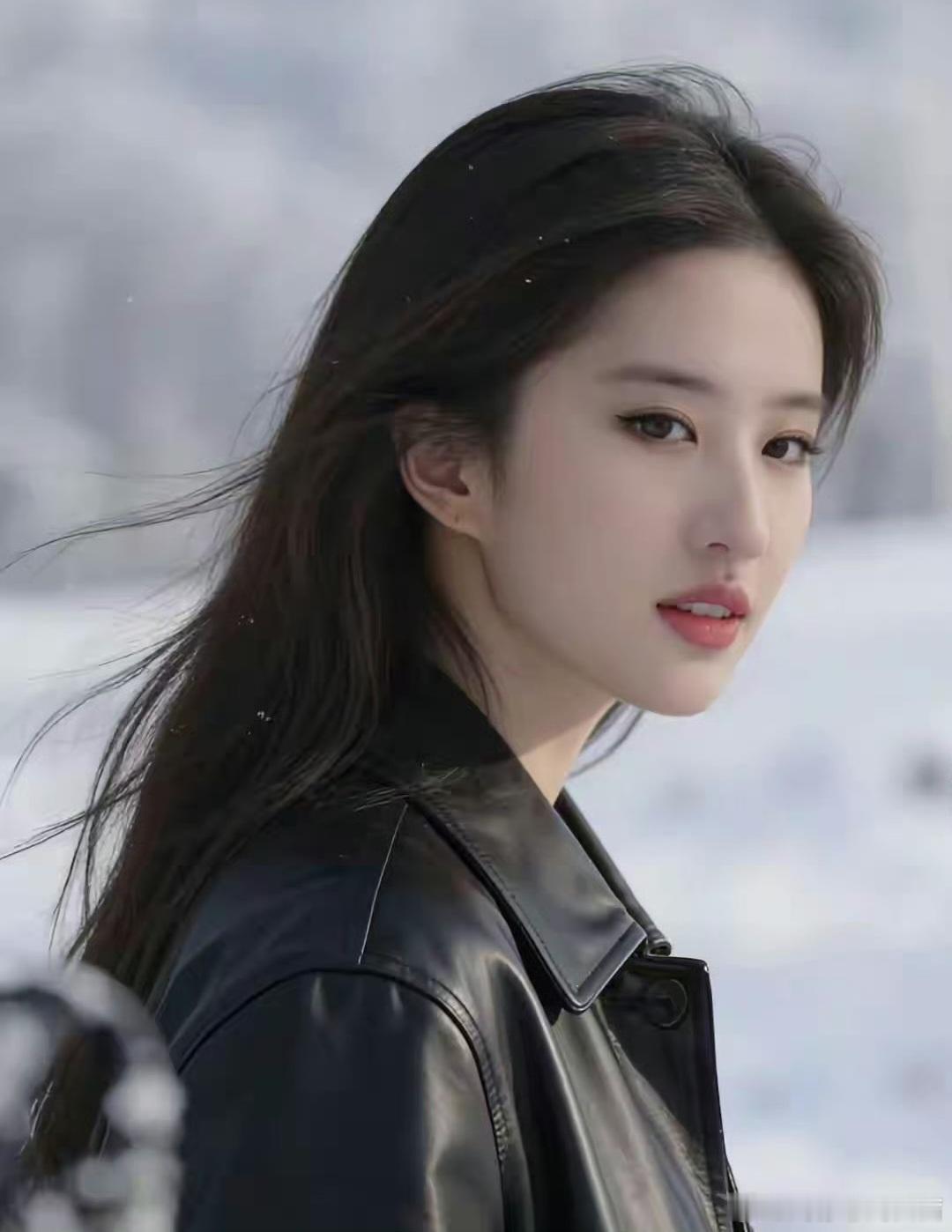 在这组照片中，刘亦菲置身于银装素裹的冰雪世界，仿佛冬日里的一场诗意邂逅。她身穿一