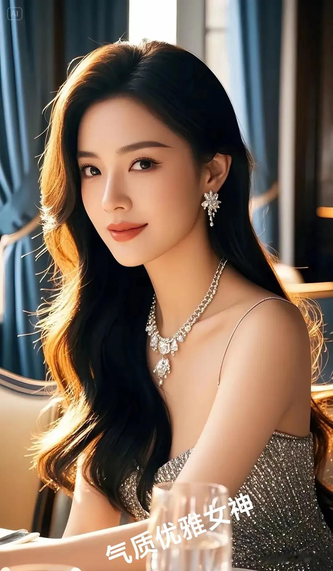 碎钻裙裹着鎏金的光，颈间钻链碰碎软风，发梢漫成一室的雅致。鎏金细闪抹胸裙亮片