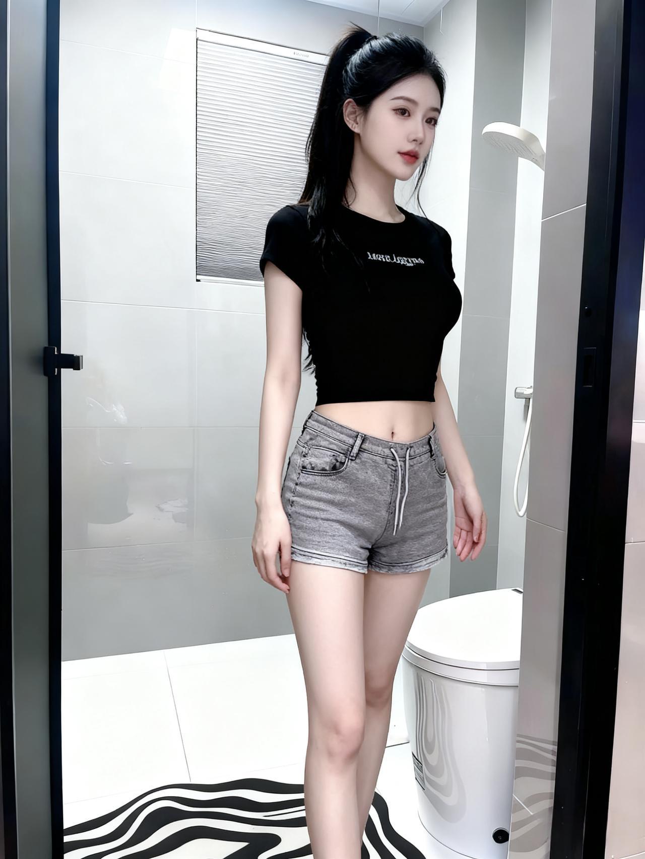 黑色的上衣裹着一团火焰牛仔短裤兜住一汪清泉她站在浴室的光里像一朵盛开的