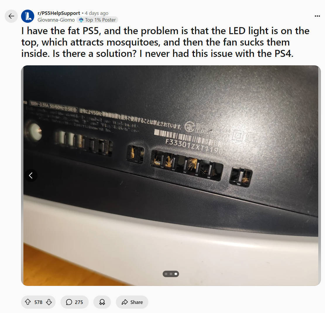 【海外网友分享：PS5变“捕蚊器”】最近，一位Reddit用户“Giovanna