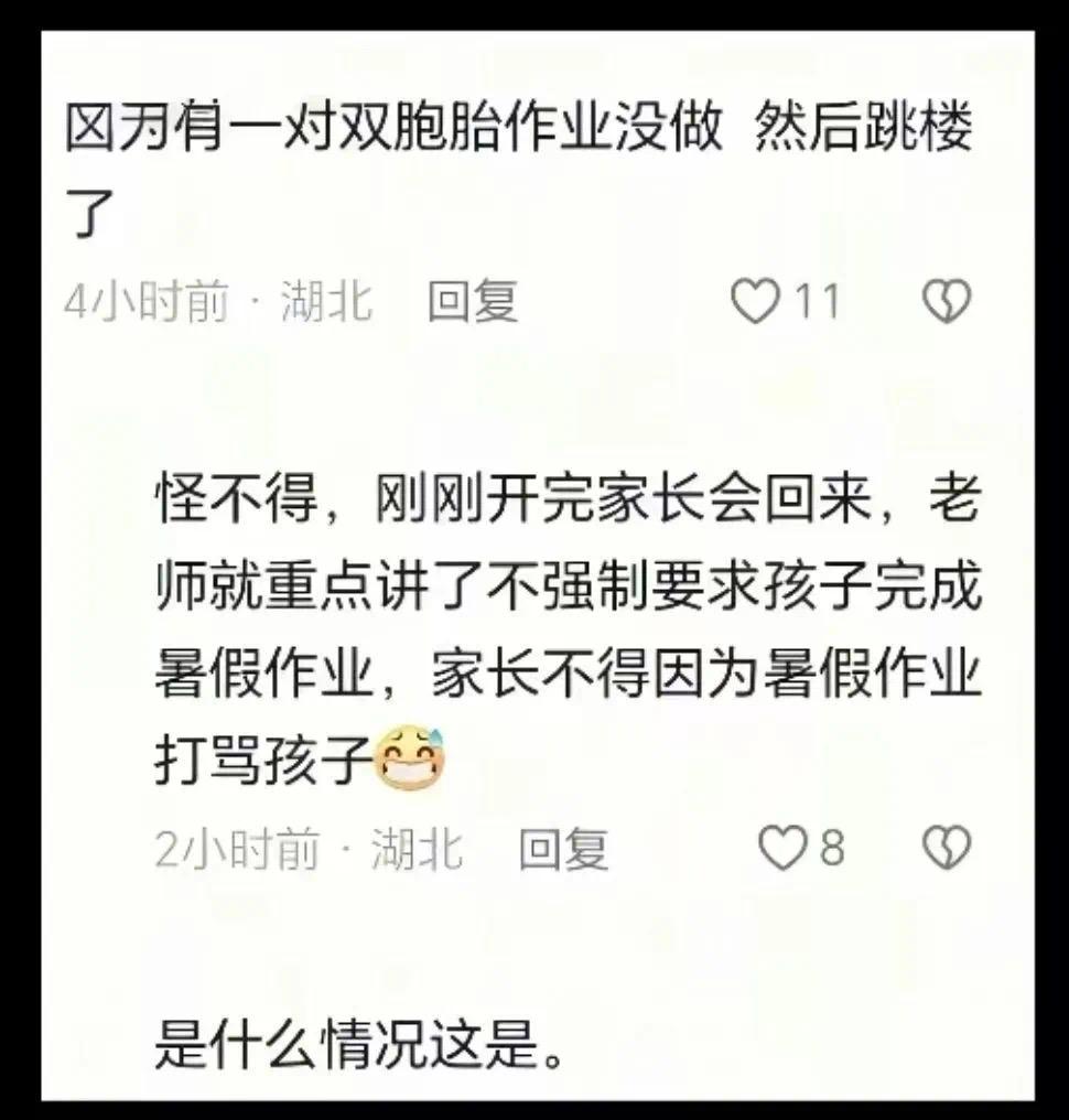 武汉一对11岁双胞胎女孩因为暑假作业未完成被批评，双双跳楼，家长直接崩溃。整个武
