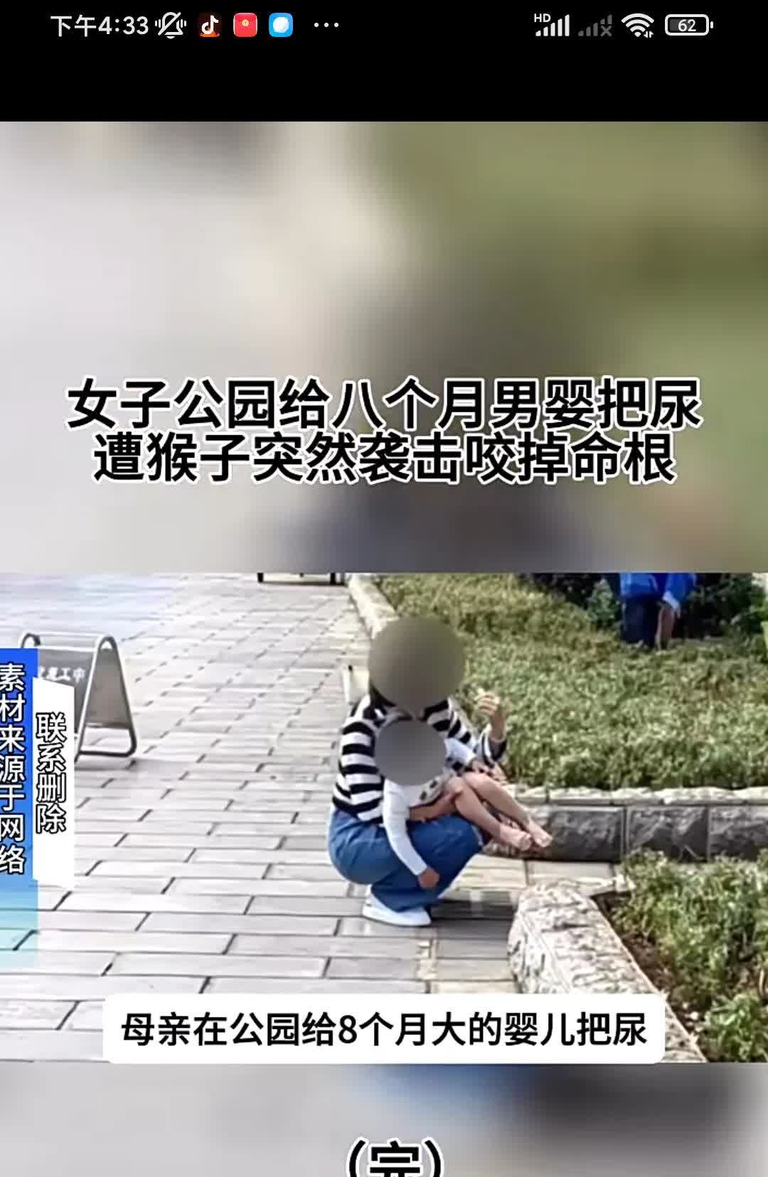 女子公园给八个月男婴把尿遭猴子突然袭击咬掉命根。真够蠢的，怎么能把孩子带到