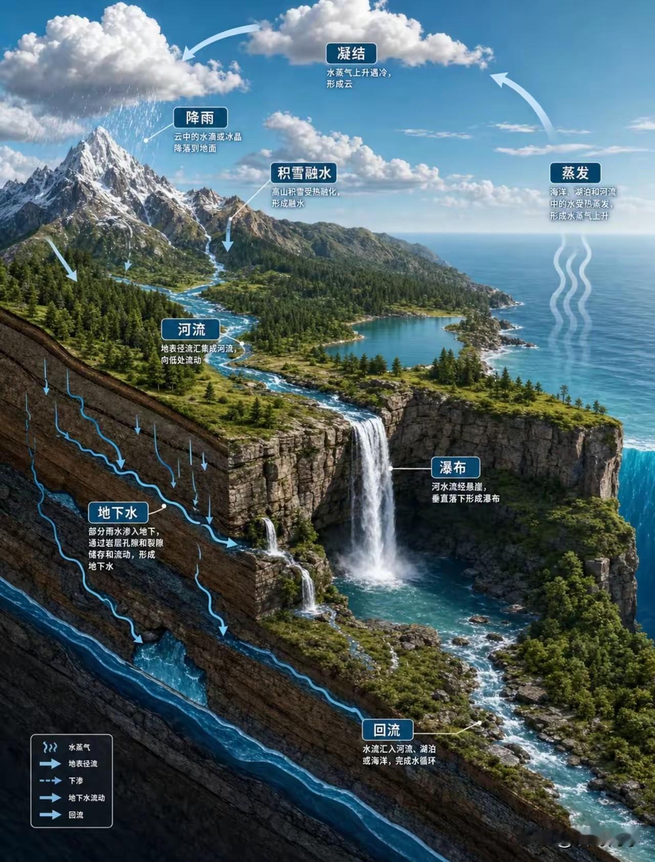 一图看懂地球水循环，这想法很棒！地球水循环如一场永不停歇的接力赛。①太阳加热