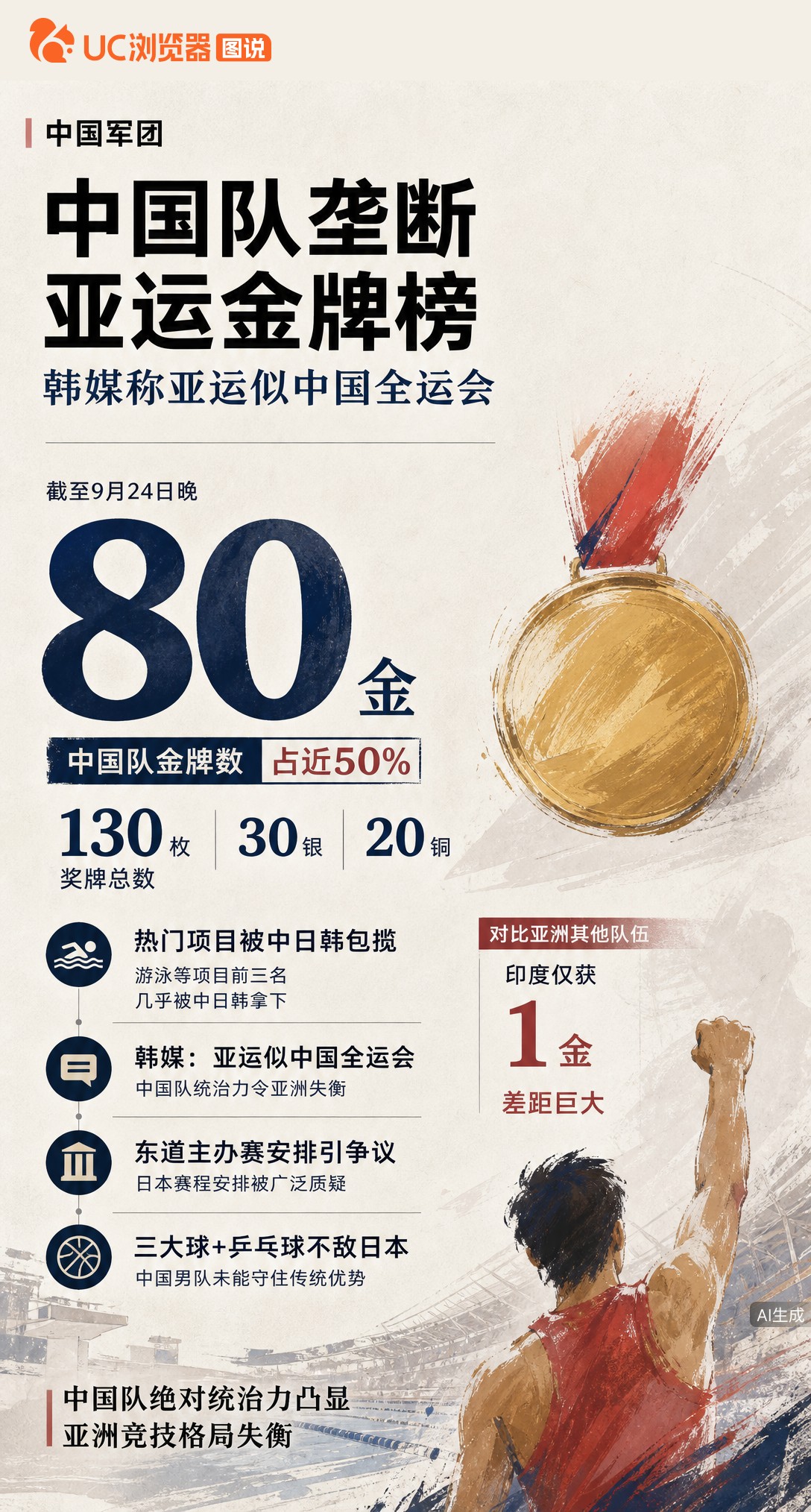 80金占亚洲近半！中国队亚运奖牌榜断层领跑，但男乒和三大球接连负于日本。韩媒直言亚运像中国全运会，东