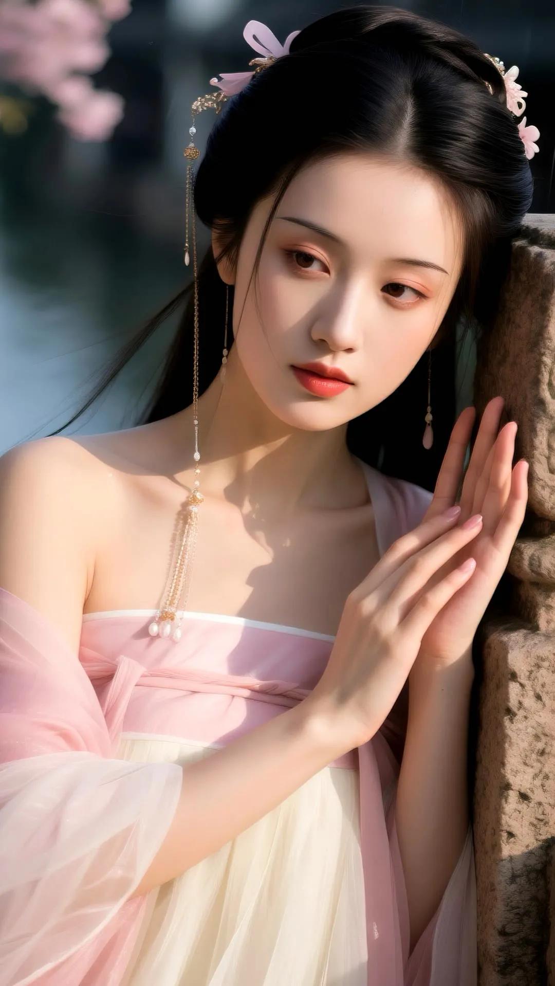 古风少女倚栏望，粉黛轻妆映水光。