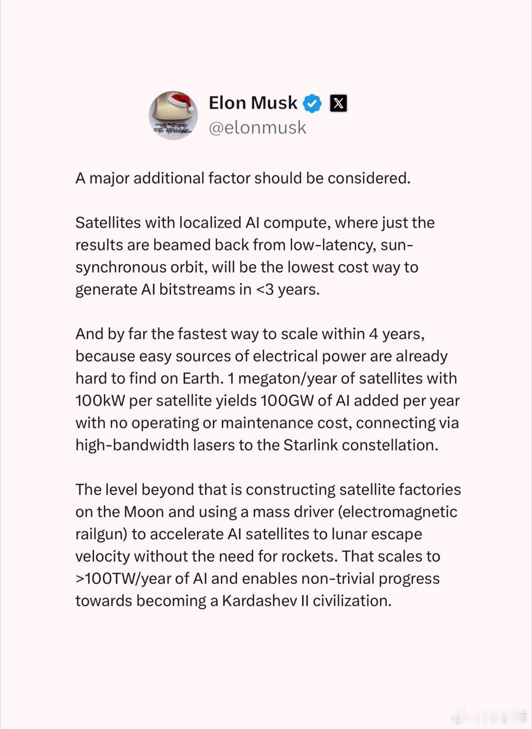 埃隆·马斯克表示，配备本地化人工智能计算模块的卫星，通过低延迟的太阳同步轨道只回