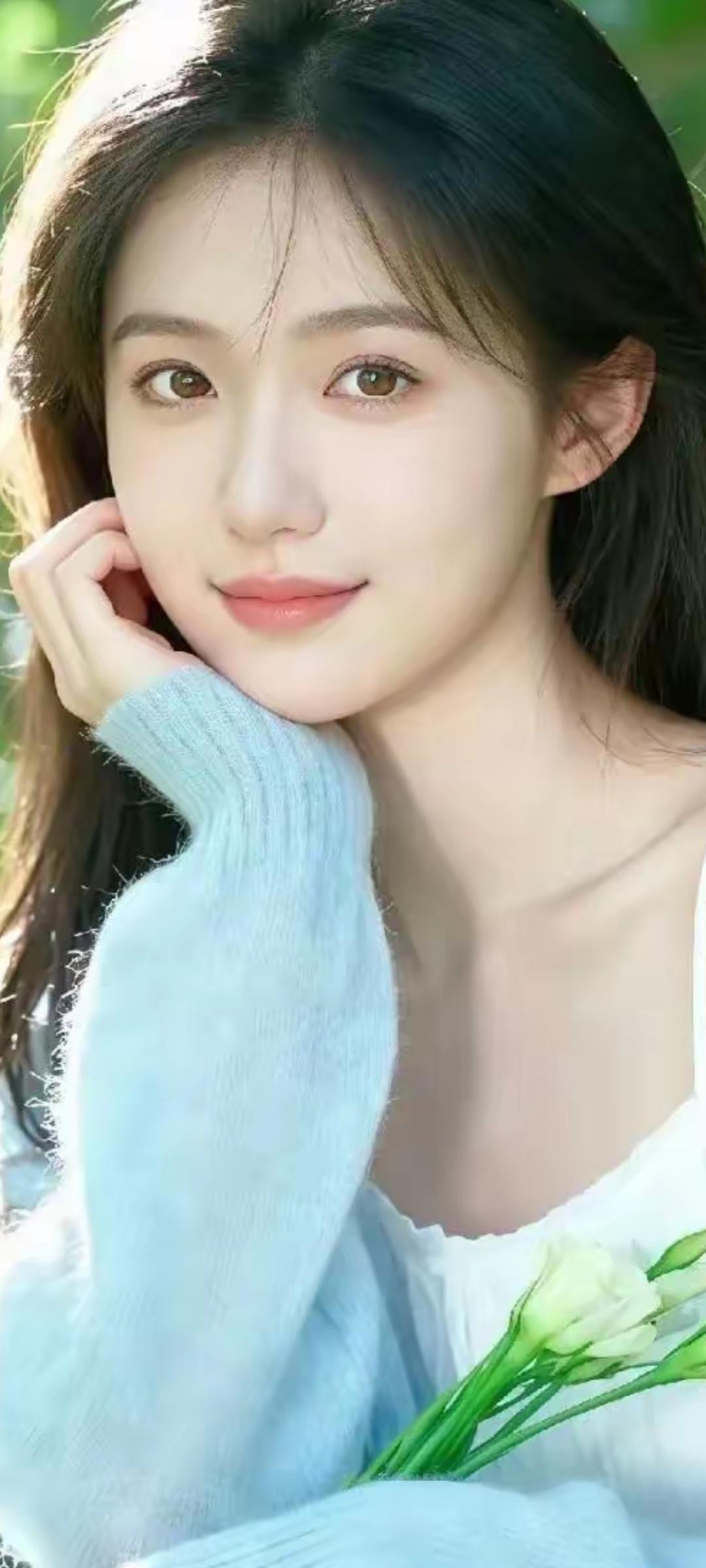 温柔甜美的少女，手捧一束白花，阳光洒在她的脸上，仿佛置身于梦幻的花园中。