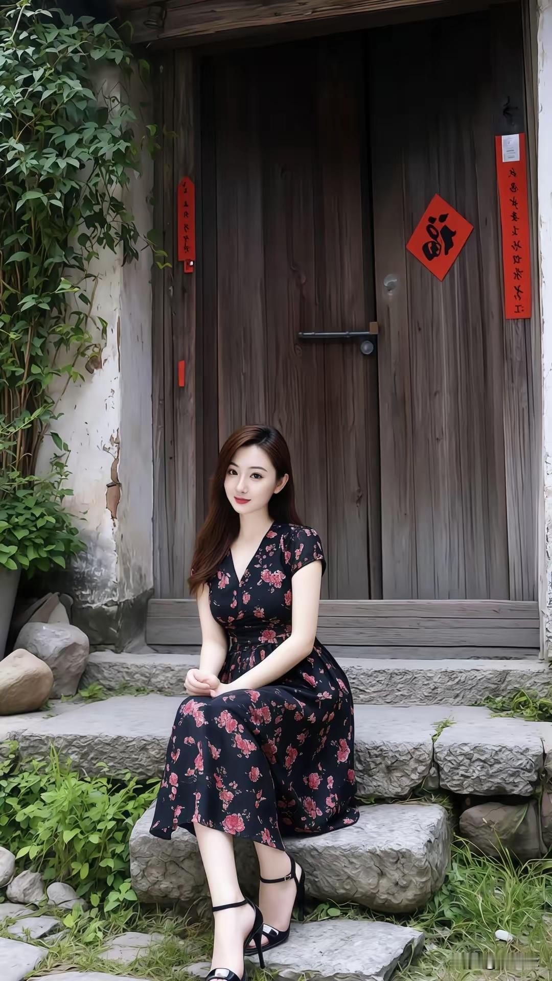 黑底红花裙，坐于古风门前，韵味十足