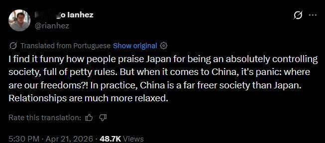 国外网友讨论对比中日两国，关于哪国生活更自由，有人表示：“大部分一致认为，日