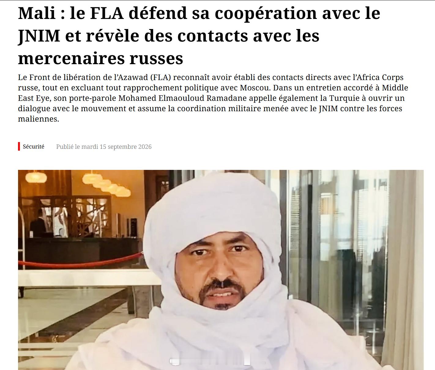 马里共和国图阿格雷族反对派武装“阿扎瓦德解放阵线”（FLA）的官方发言人穆罕默德