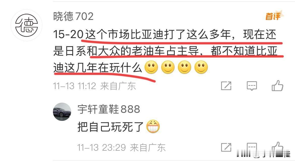 网友：“15-20万这个市场，比亚迪打了这么多年，现在还是日系个大众的老油车占主