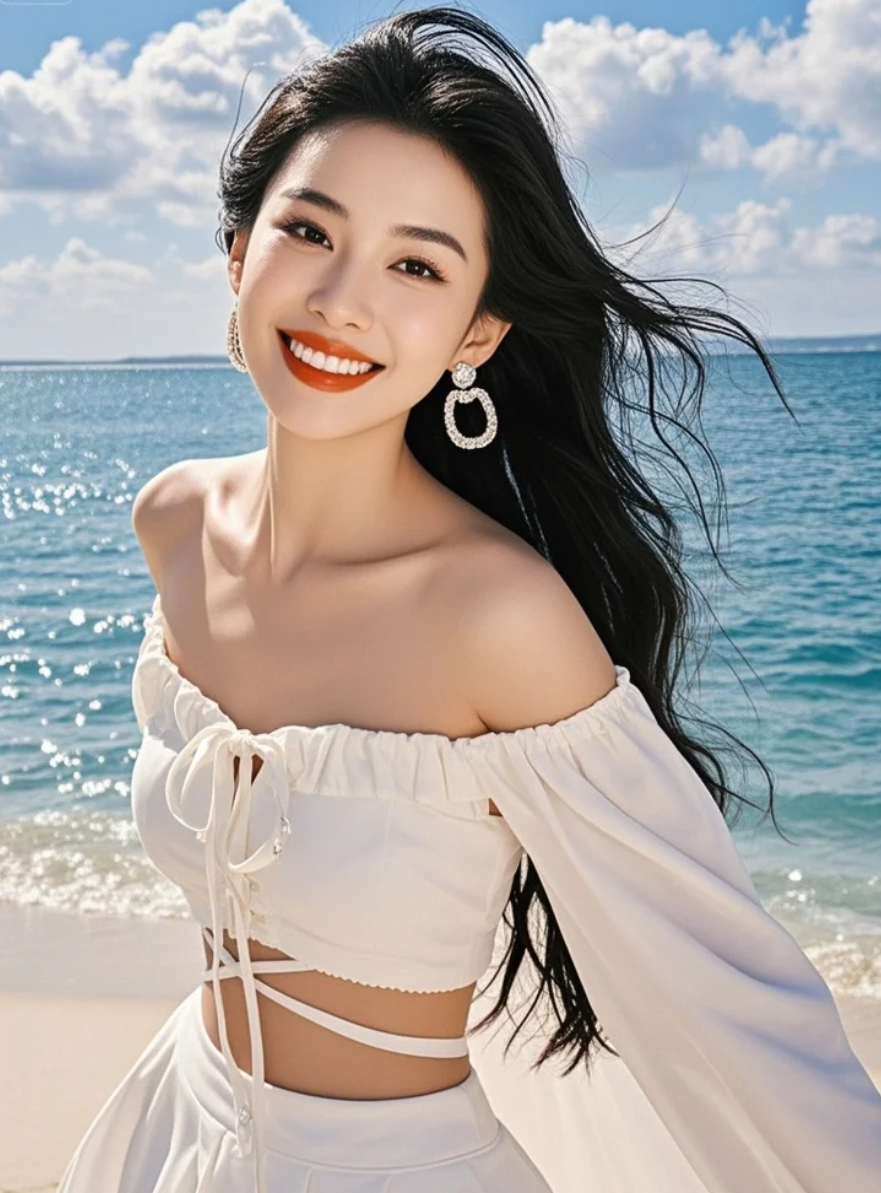 她在海边拍照，背景是无边的蔚蓝