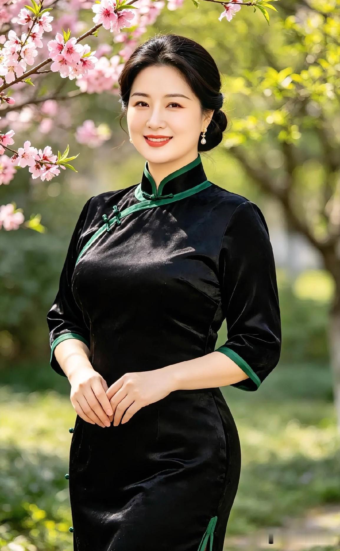 桃之夭夭，灼灼其华。一袭墨绿丝绒旗袍，领口与袖缘点缀着灵动的翠绿，恰似水墨画中走