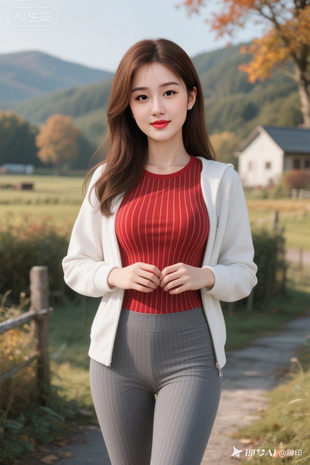 东方美女肤白细腻有光泽，柔顺棕长发披肩，五官精致妆容清新。红条纹紧身衬衣配白色秋