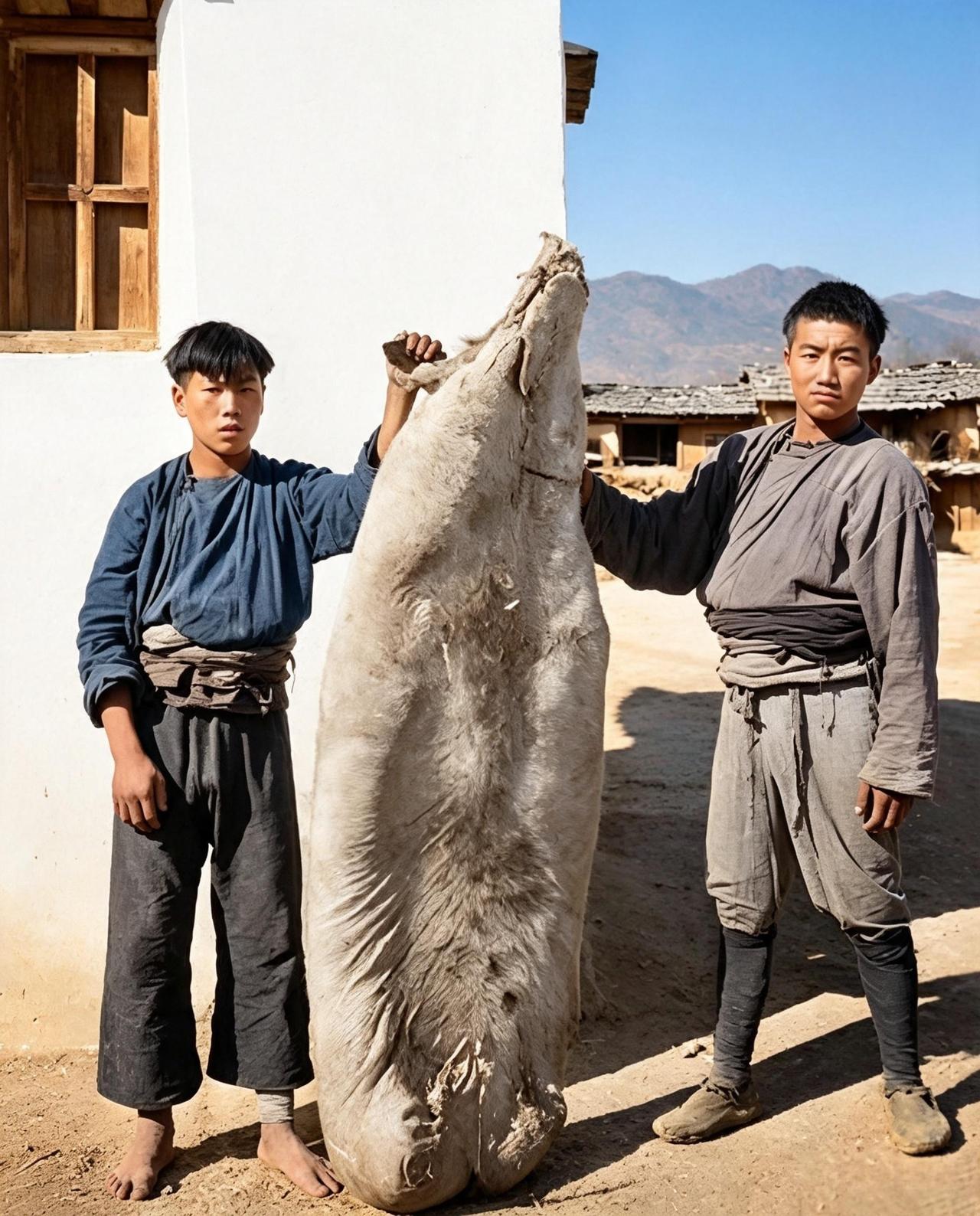 这是民国时云南泸沽湖的两位摩梭小伙自豪地展示大型熏猪。这种熏猪在摩梭本名博产（猪