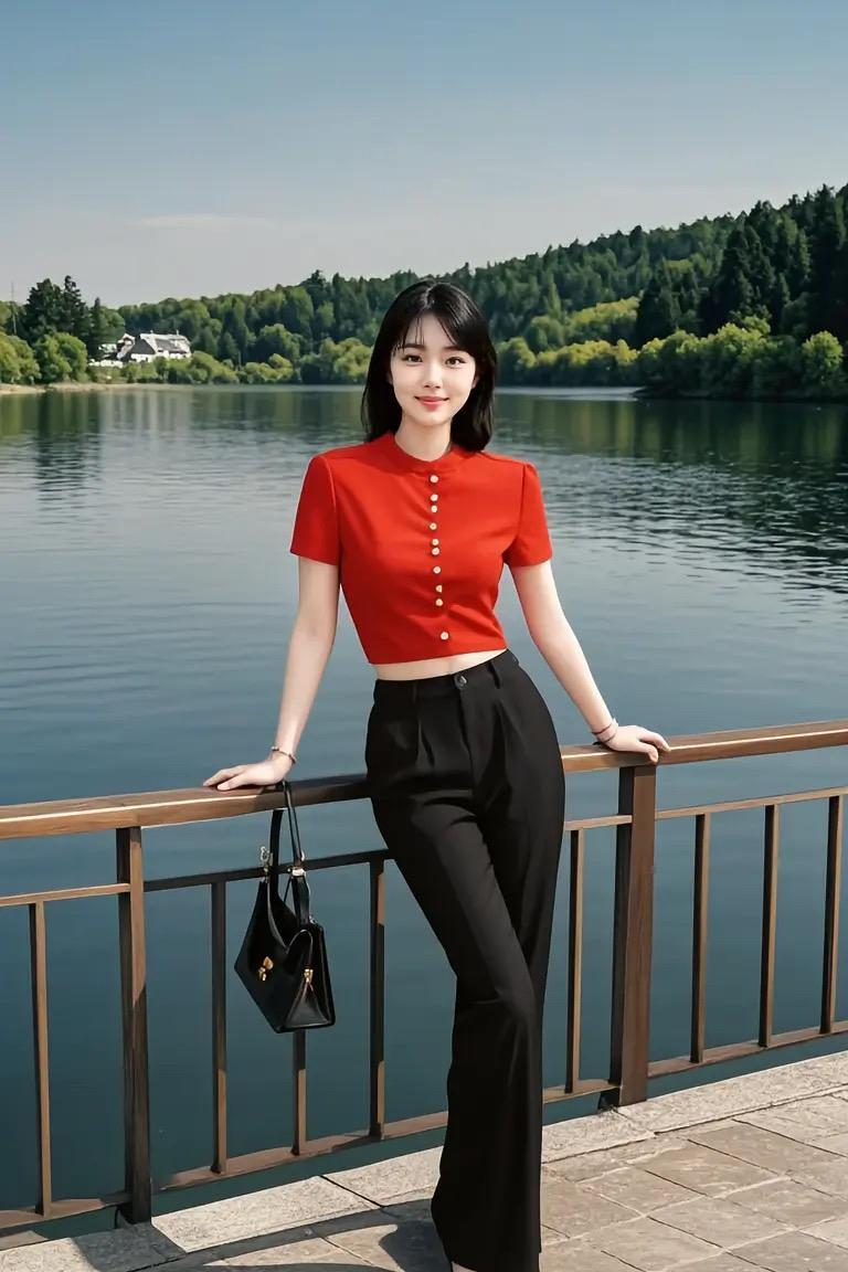 湖边靓影湖水如镜，青山作伴，红衣似火，点亮这方悠然。把心情融入自然，每一