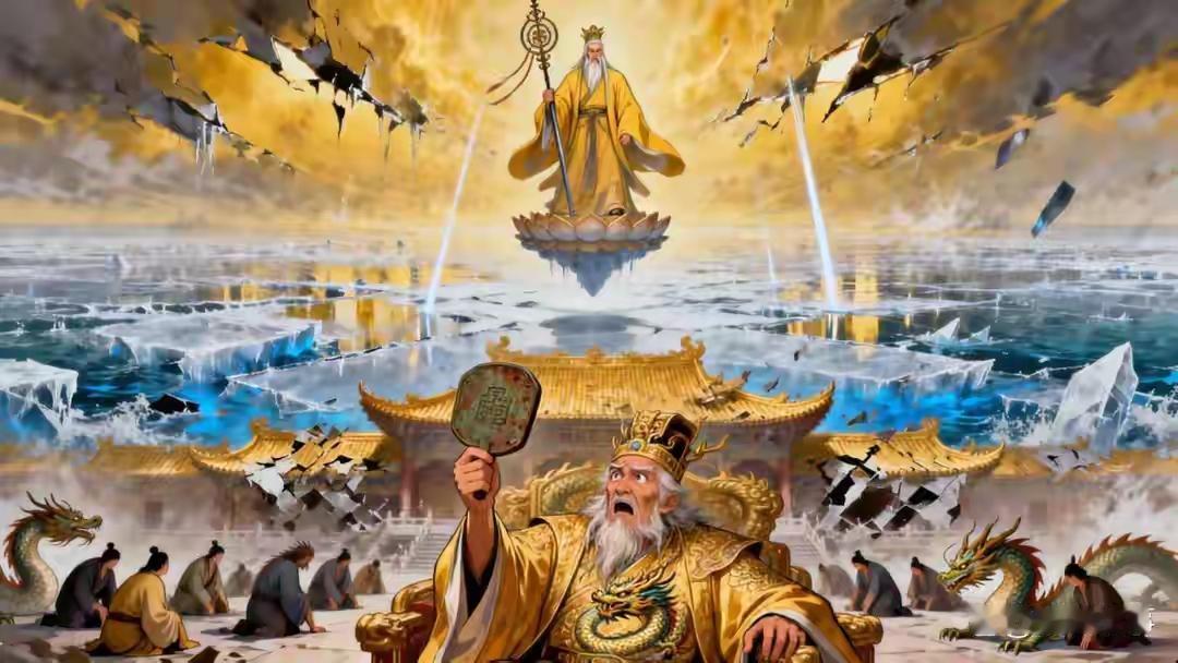 元始天尊持幡问罪东海，老龙王捧出一令牌，圣人当场收手东海万里波涛，被无上威