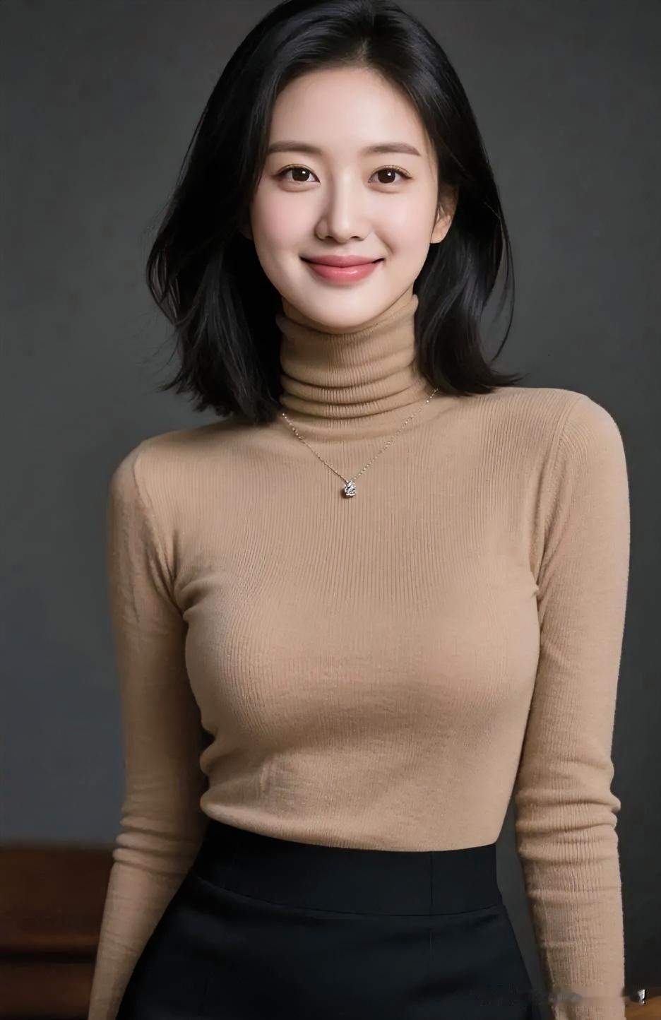 驼色高领针织勾勒温婉曲线，短发利落，浅笑澄澈，诠释极简高级的知性优雅。