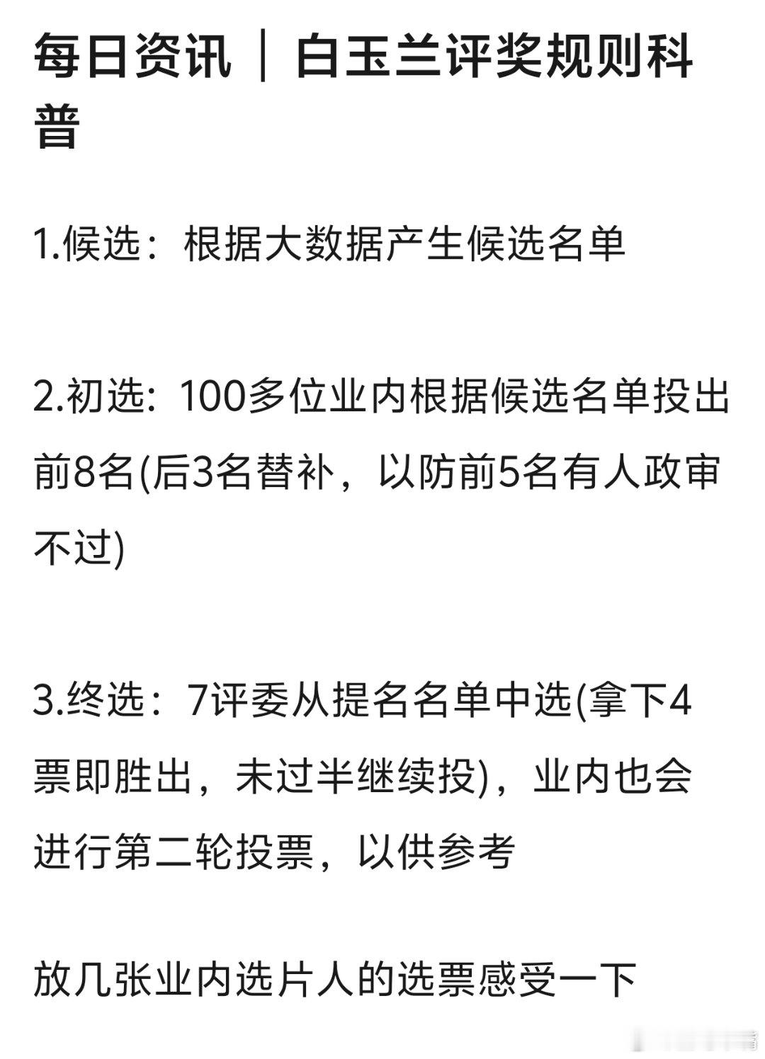 白玉兰奖评选规则科普：1️⃣候选：根据大数据产生候选名单（约30-35位）2️⃣