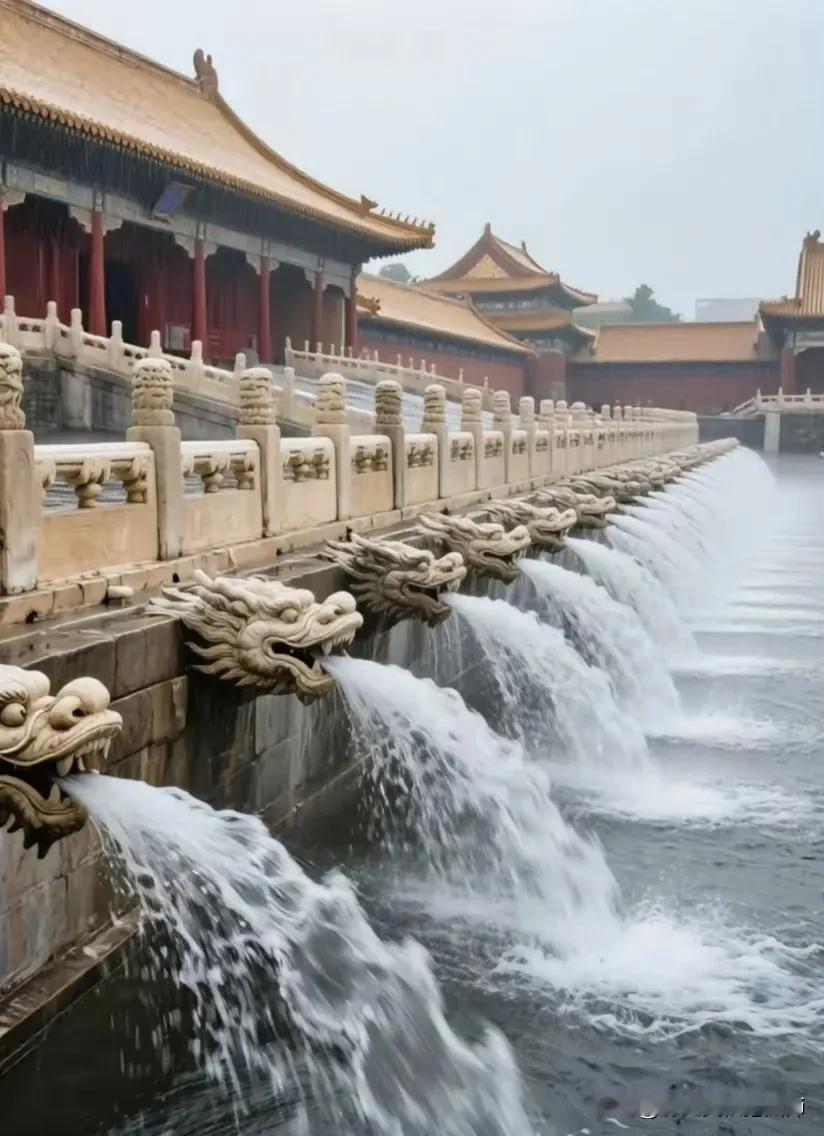 北京大暴雨中故宫太和殿前1142个石雕龙头在雨中重现“千龙吐水”的奇观盛景！真的