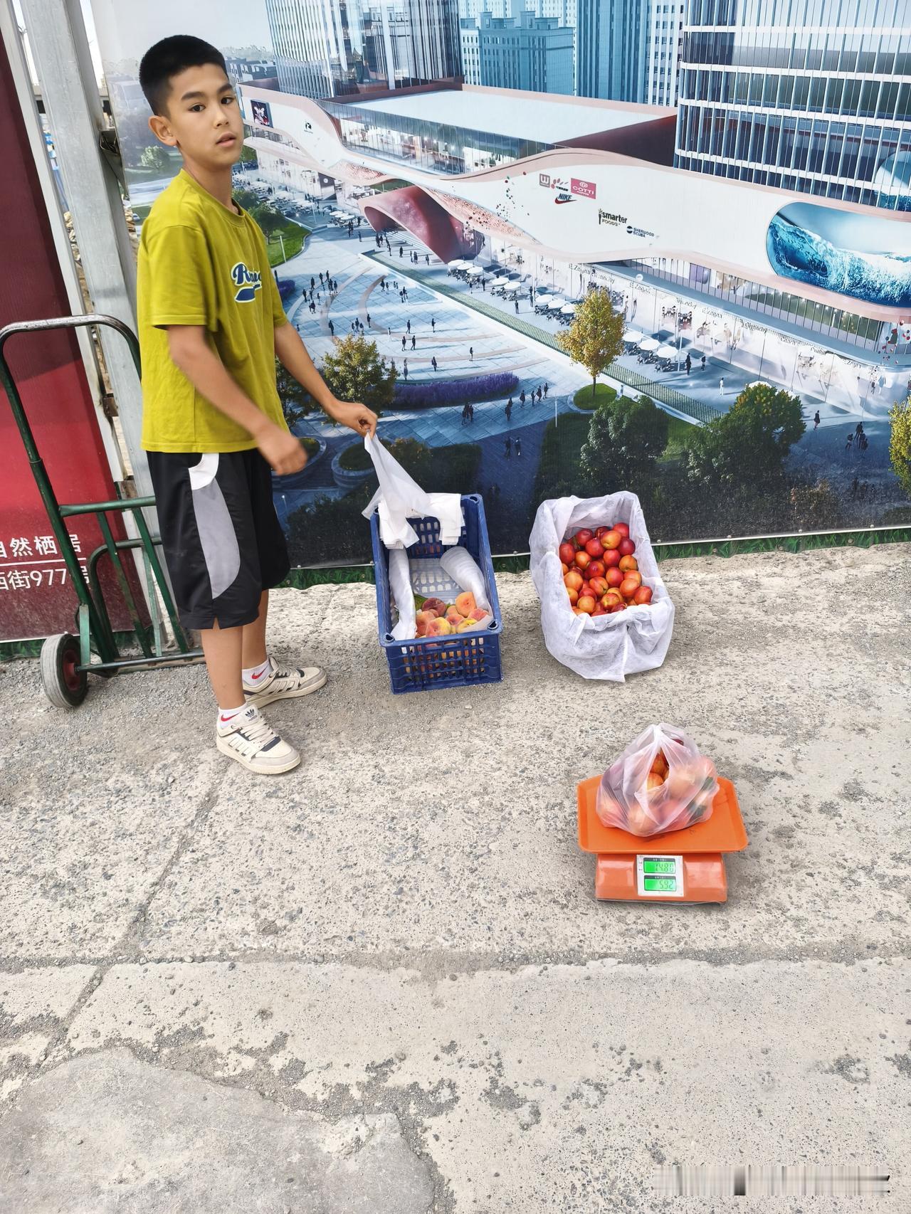 今天晚上下班回家的时候，我在马路边上碰到了一个维吾尔族小男孩，蹲在路边卖蟠桃和油