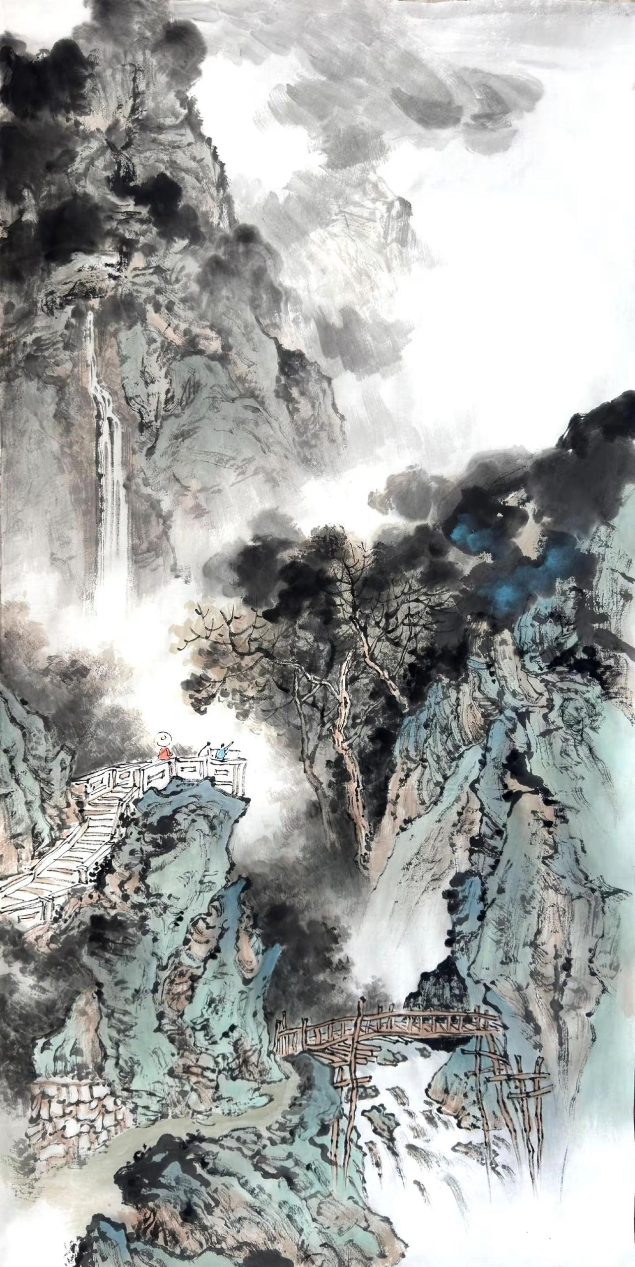 青峰揽瀑。水墨山水中国画山水山水作品山水作品赏析山水中国画