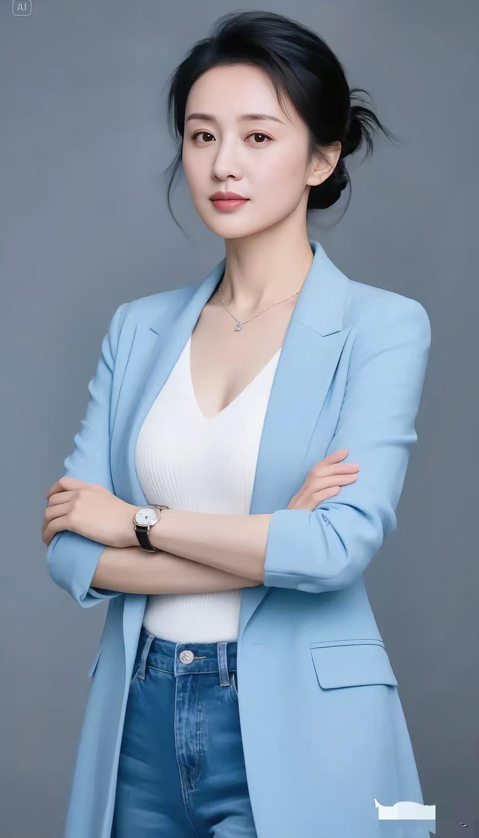 一袭浅蓝西装，利落又不失温柔，内搭简约白衫，藏着细腻力量。牛仔裤添几分随性，腕间