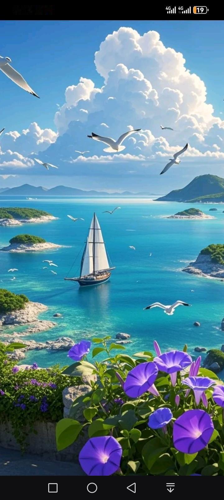 海风卷着云朵在碧蓝海面铺展，白帆划破澄澈的浪涛，海鸥振翅掠过粼粼波光，远处青山与