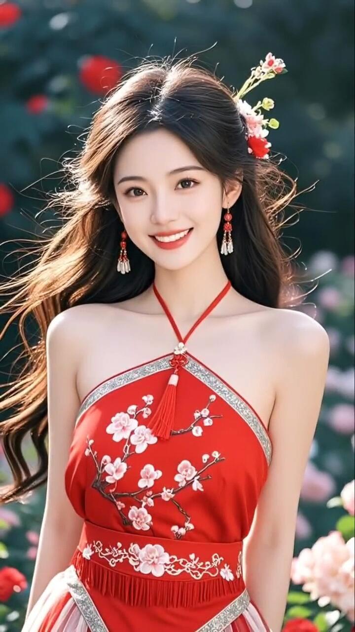 春日花海中的红衣仙子，惊艳了时光！🌸💃🌸