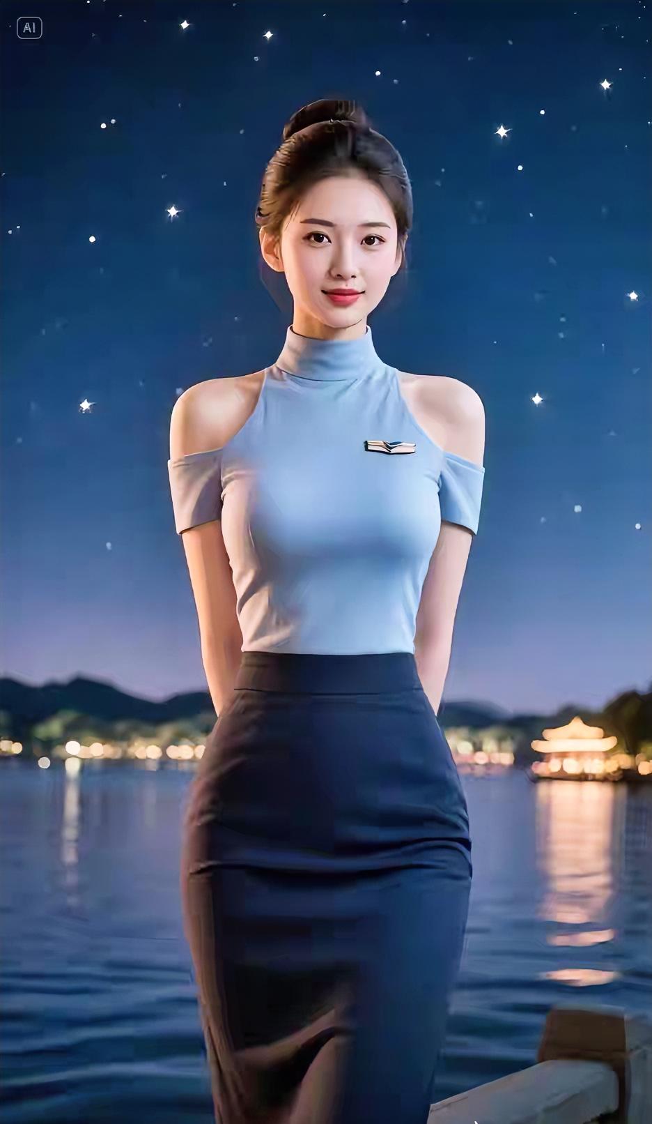 夜晚湖边，她穿着优雅的蓝裙，微笑着看向远方。