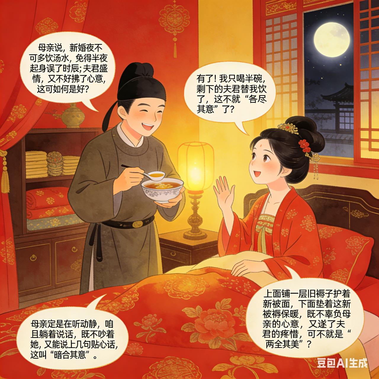 古代笑话新婚夜，丈夫端来一碗红糖姜茶，劝妻子趁热喝：“天冷，暖暖身子。”