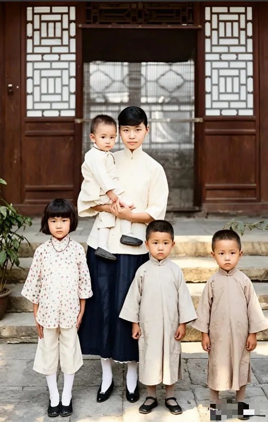 这是林徽因的二娘程桂林与四个孩子的合影。画面里她抱着小儿子林暄，身旁站着女儿林燕