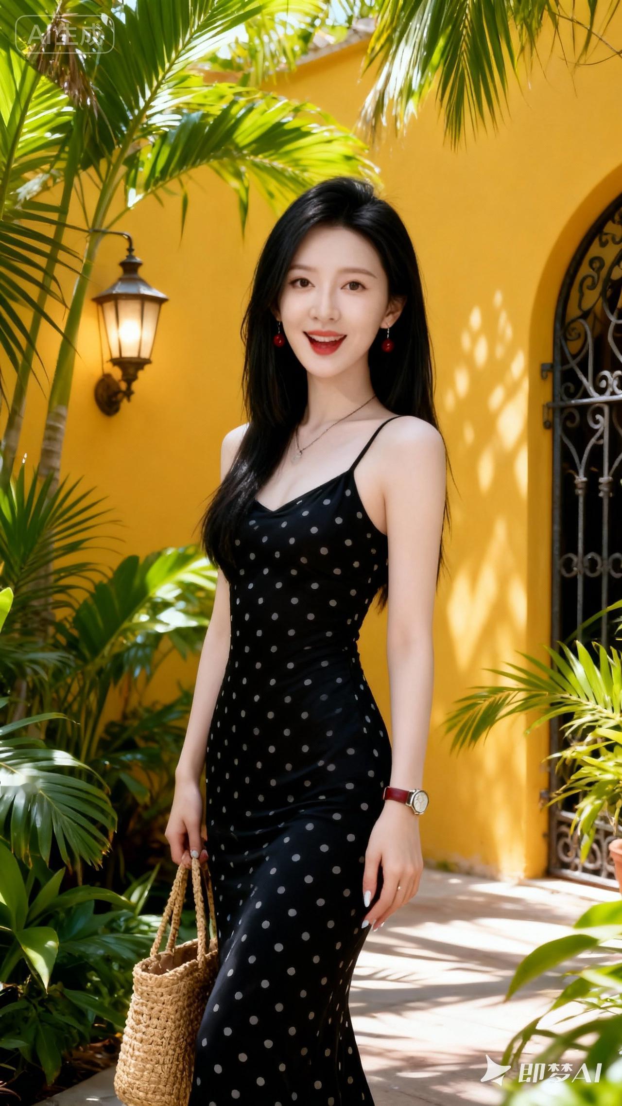 夏日穿搭指南：黑点连衣裙+草编包，清新又时尚！🌞👗👜