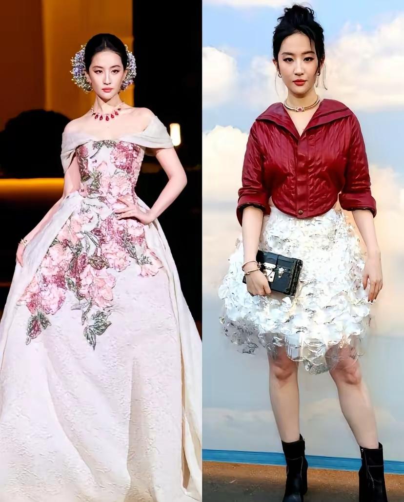 刘亦菲这件红色短袄不太适合她，颜色和材质感觉都太厚重，臃肿。她还是穿左边这种礼服